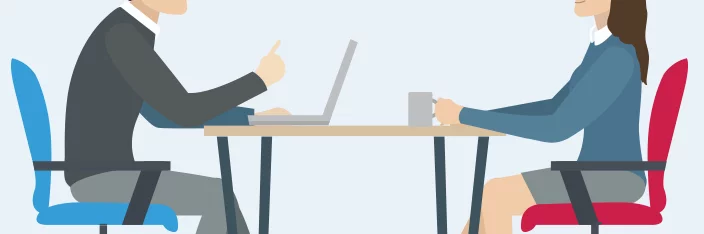 Vector image of two people sat at a desk, having a conversation